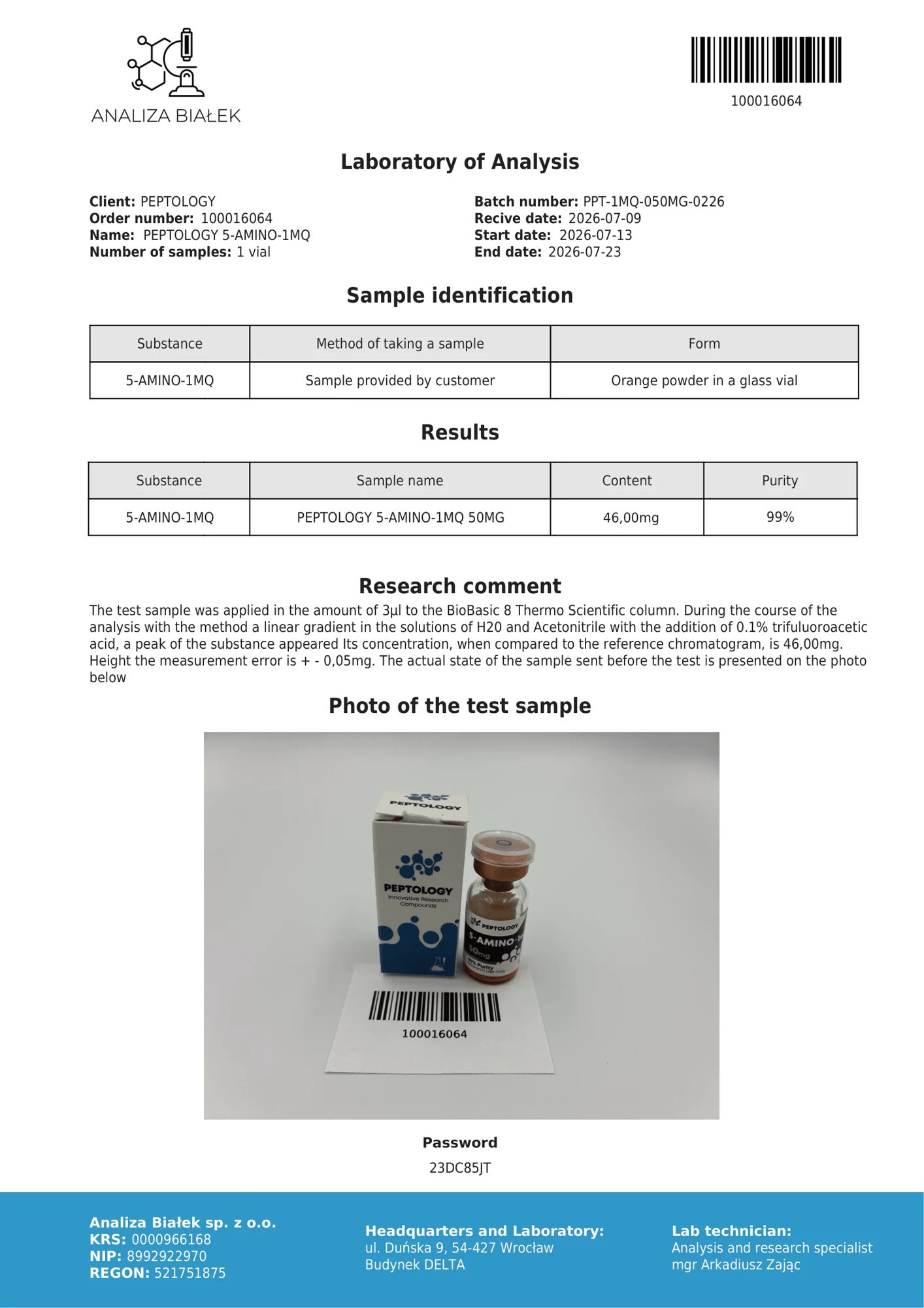 5-Amino-1MQ 50 mg – HPLC-Reinheitszertifikat