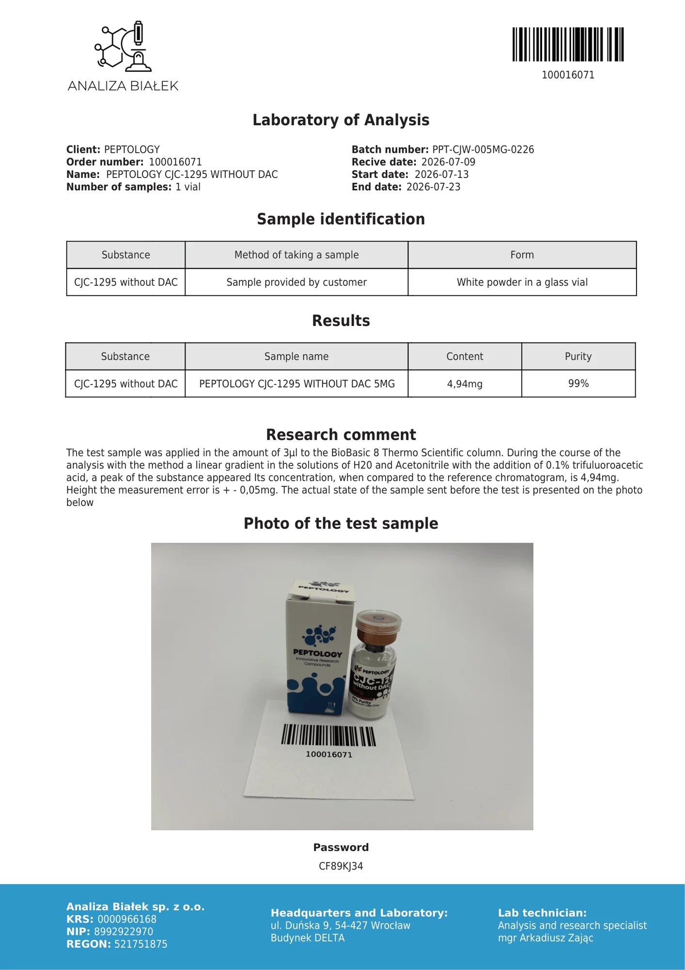 CJC‑1295 ohne DAC 5 mg – HPLC-Reinheitszertifikat