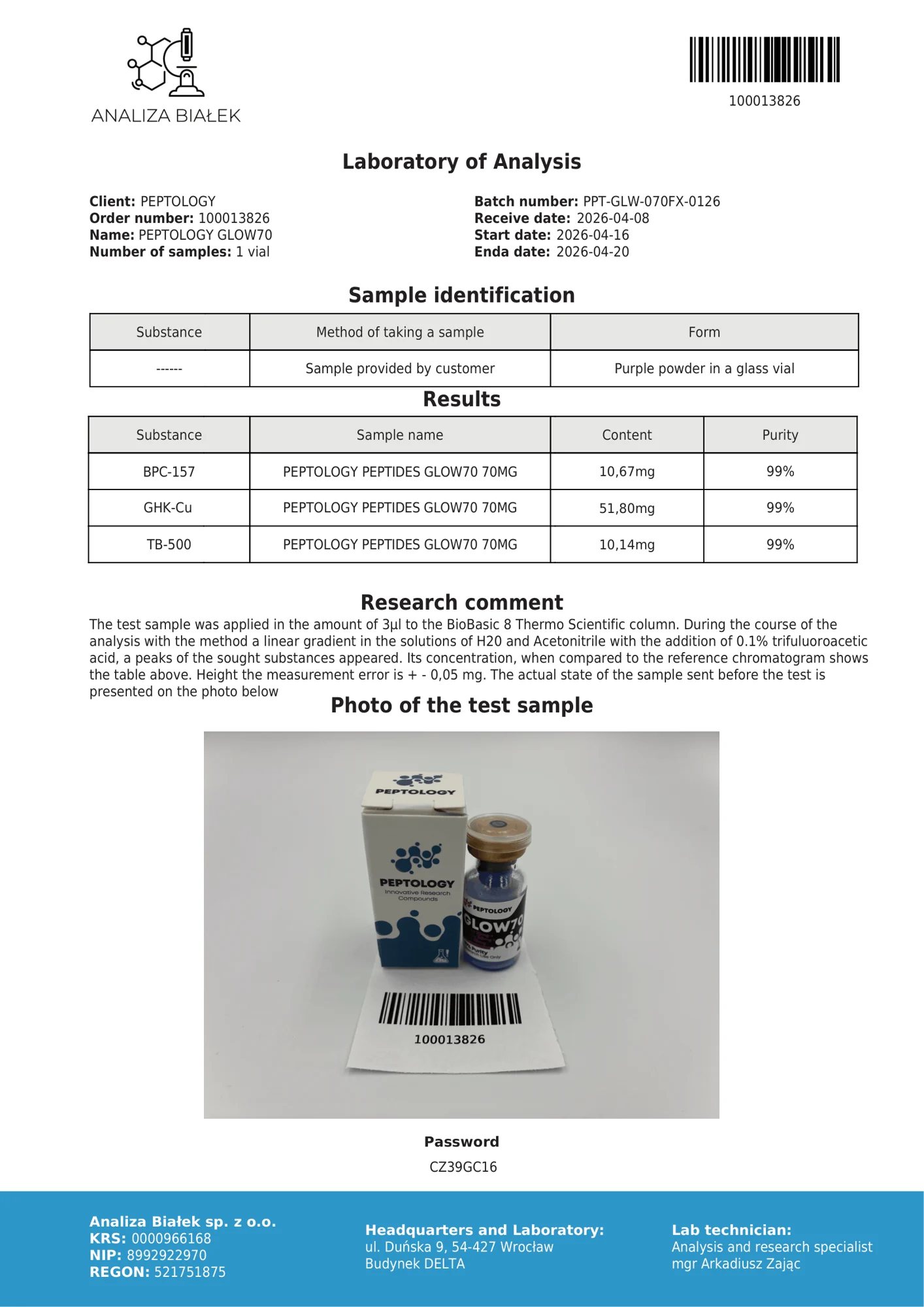 GLOW70 – HPLC-Reinheitszertifikat