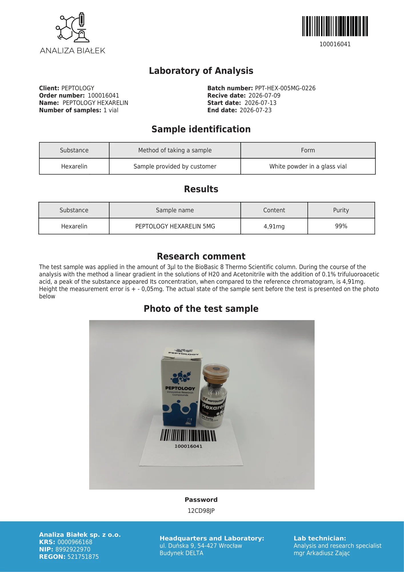 Hexarelin 5 mg – HPLC-Reinheitszertifikat