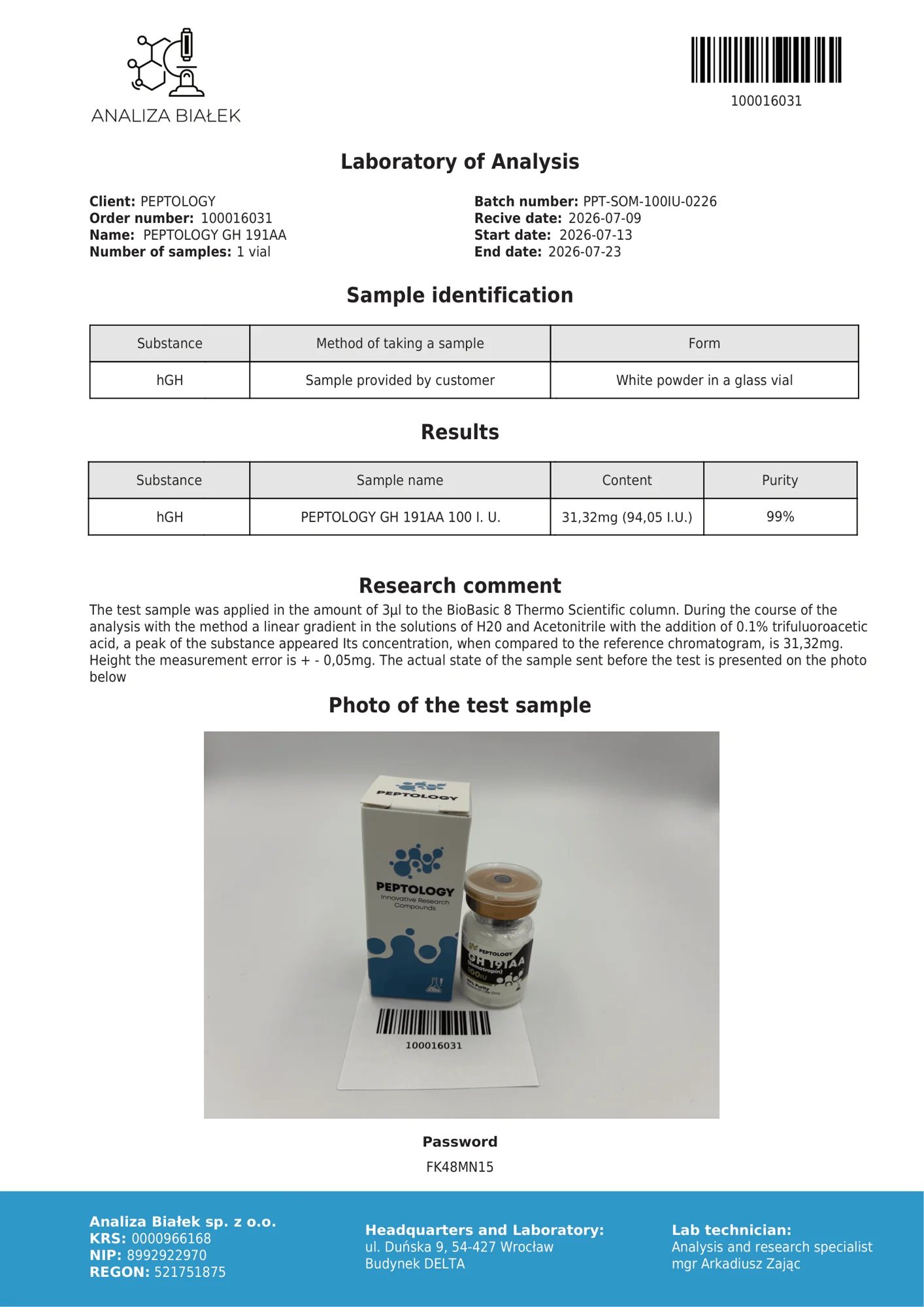 Somatropin 100 IU – HPLC-Reinheitszertifikat