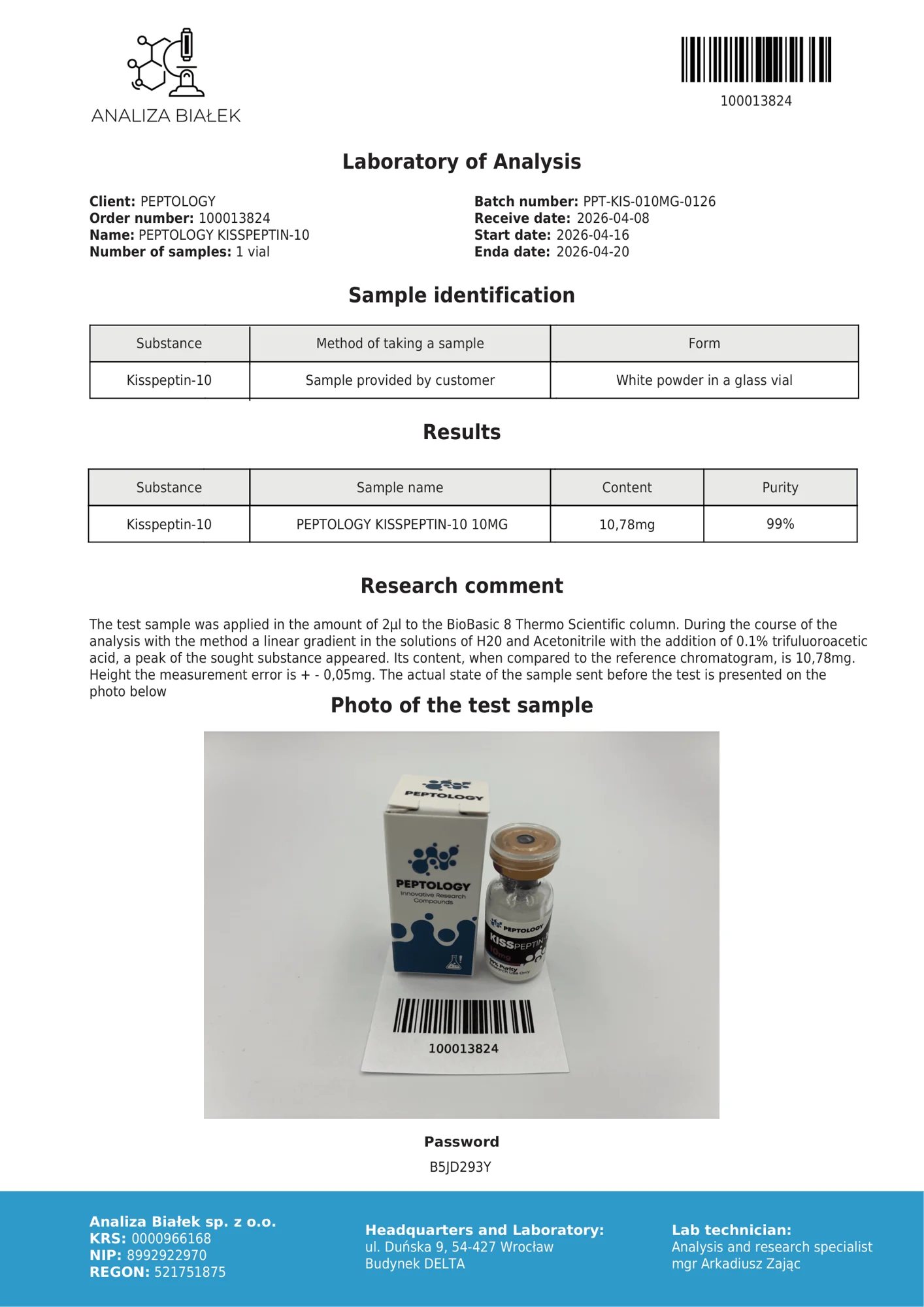 Kisspeptin-10 – HPLC-Reinheitszertifikat