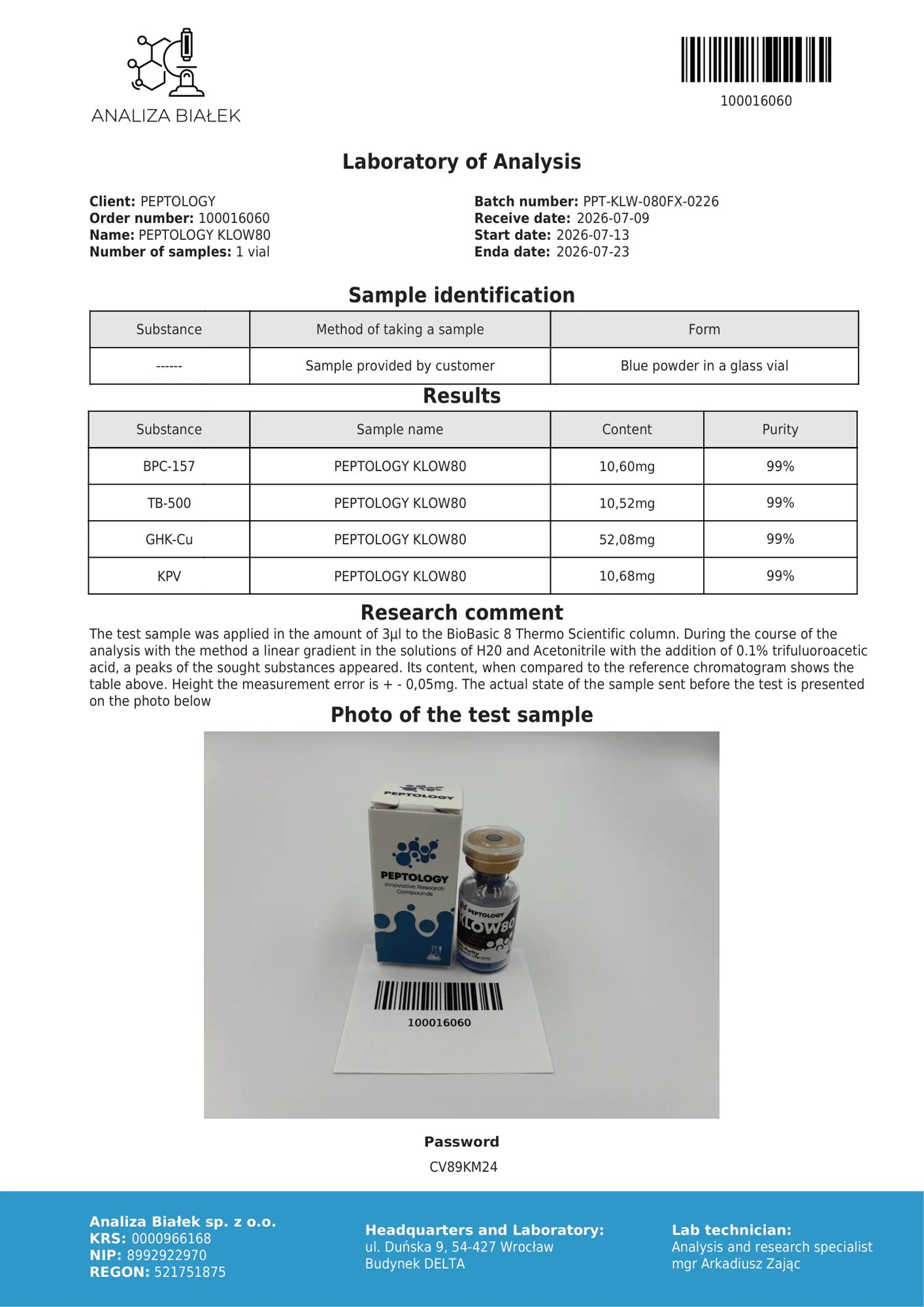 KLOW80 80 mg – HPLC-Reinheitszertifikat