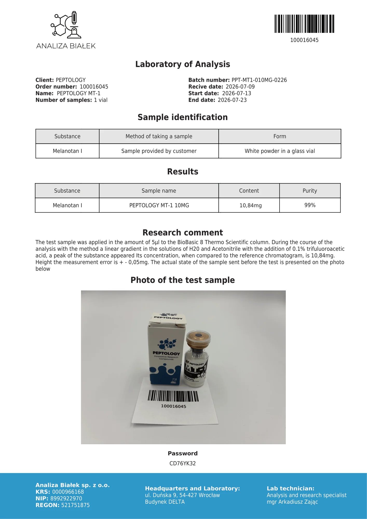 MT-1 10 mg – HPLC-Reinheitszertifikat