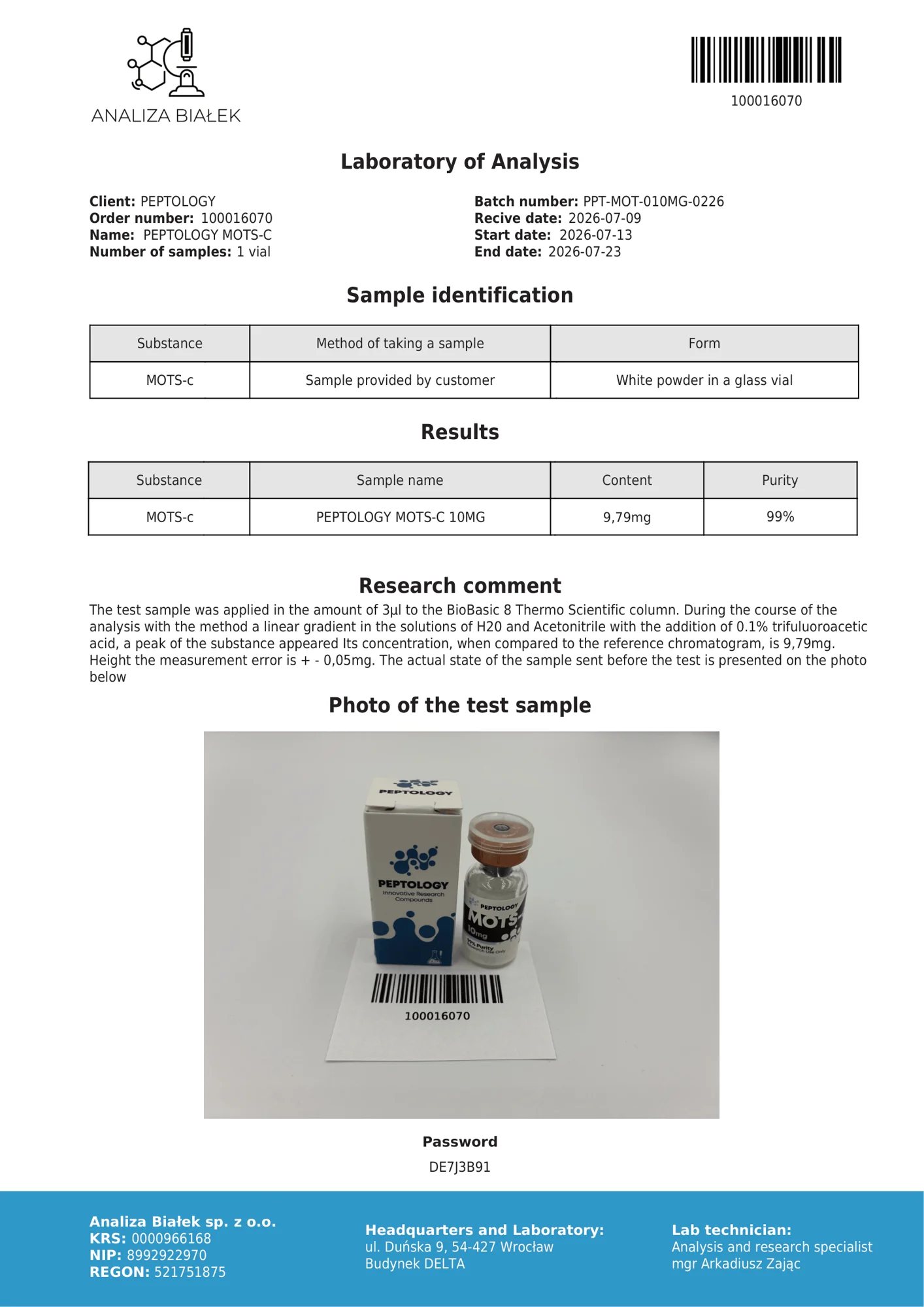 MOTS-c 10 mg – HPLC-Reinheitszertifikat