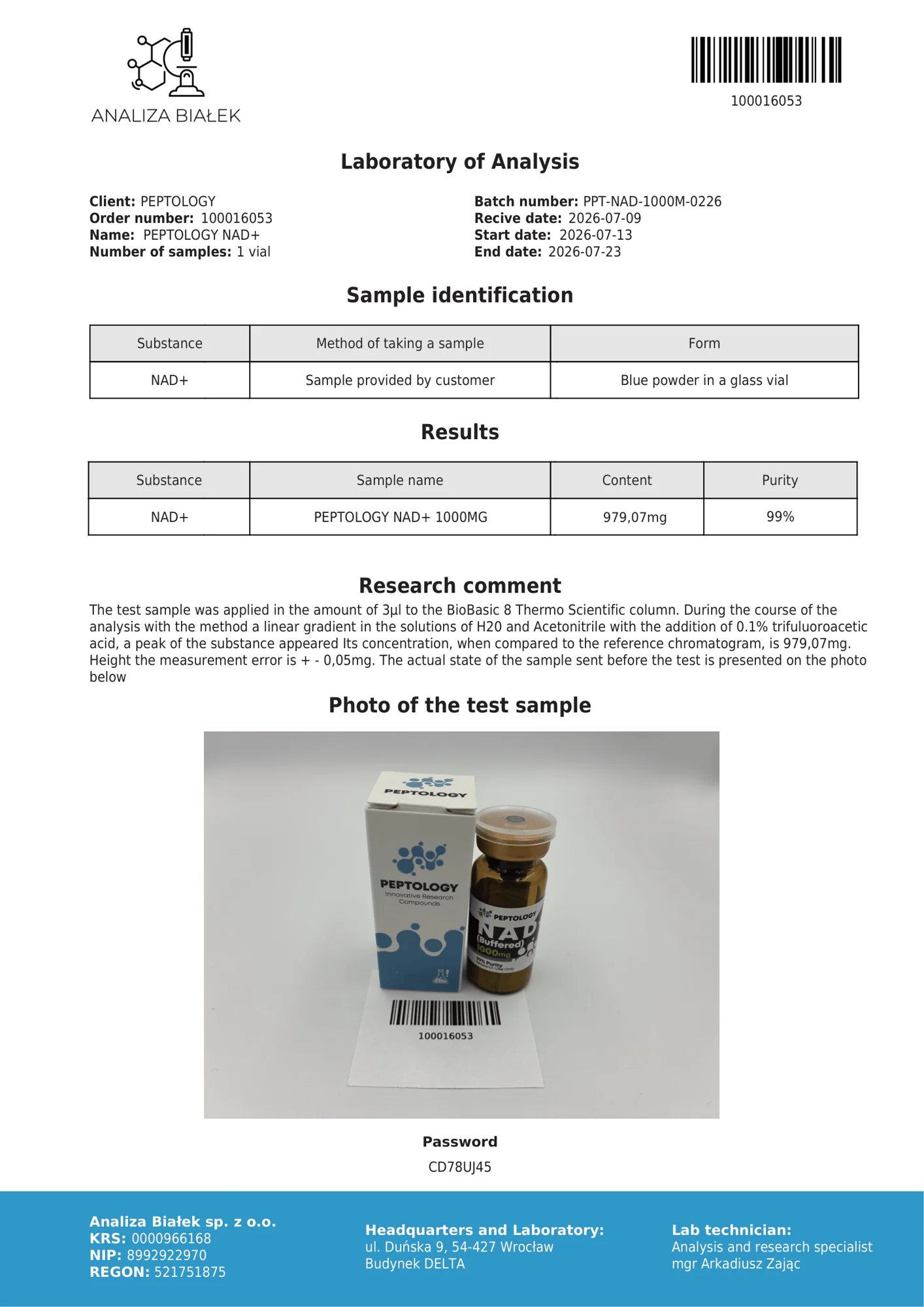 NAD+ 1000 mg – HPLC-Reinheitszertifikat