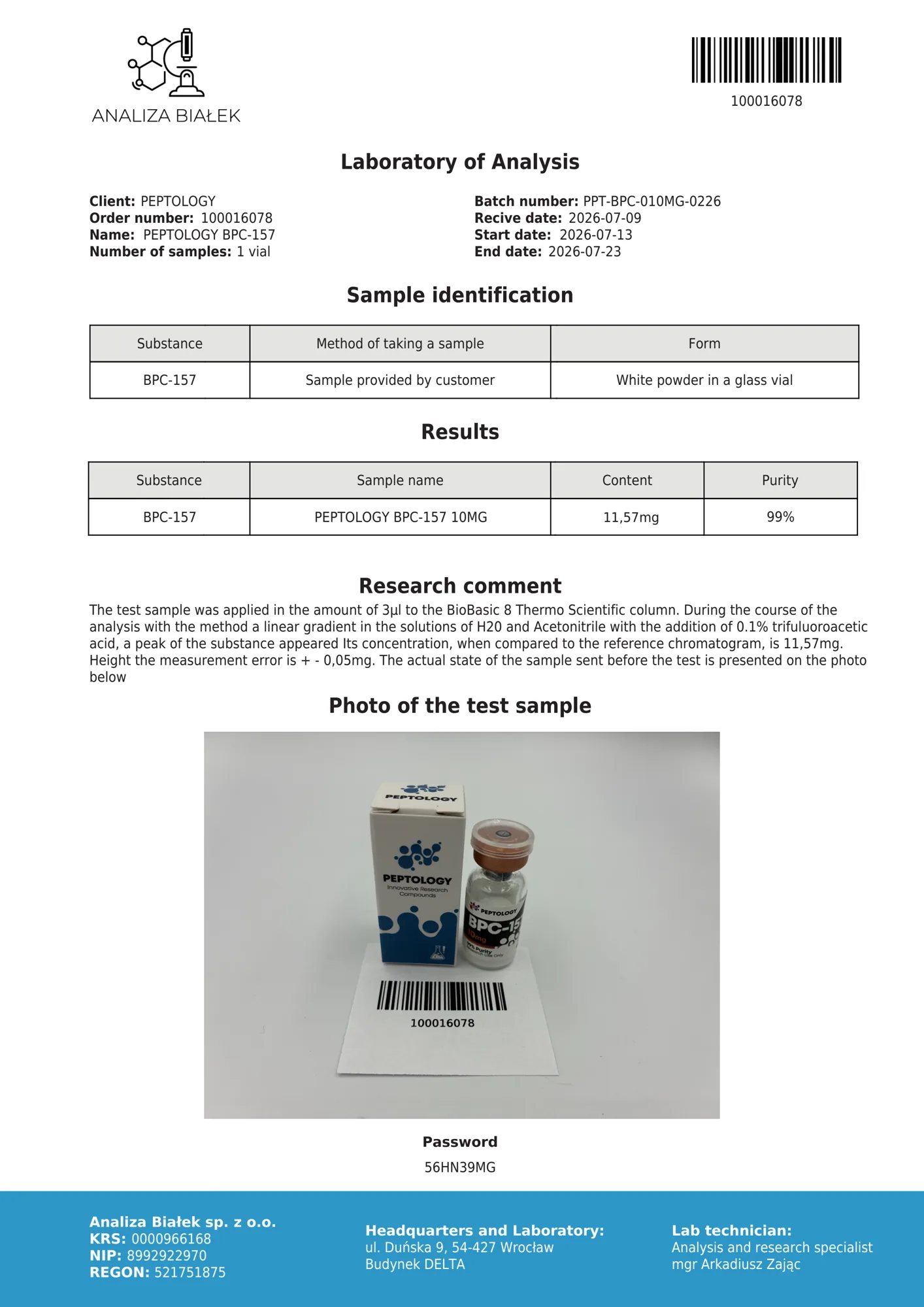 BPC‑157 10 mg – HPLC-Reinheitszertifikat, Charge 0226