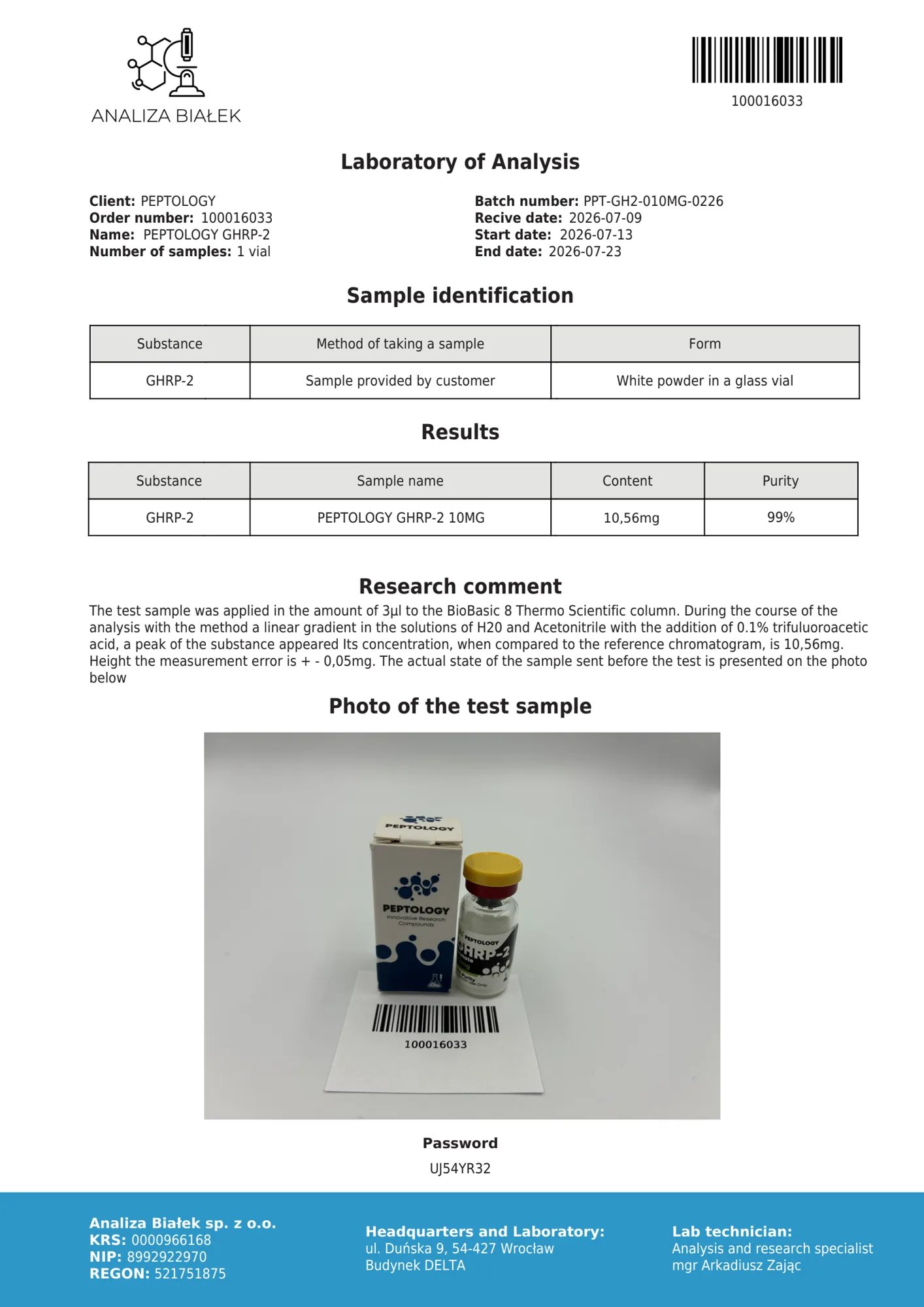 GHRP-2 10 mg – HPLC-Reinheitszertifikat, Charge 0226
