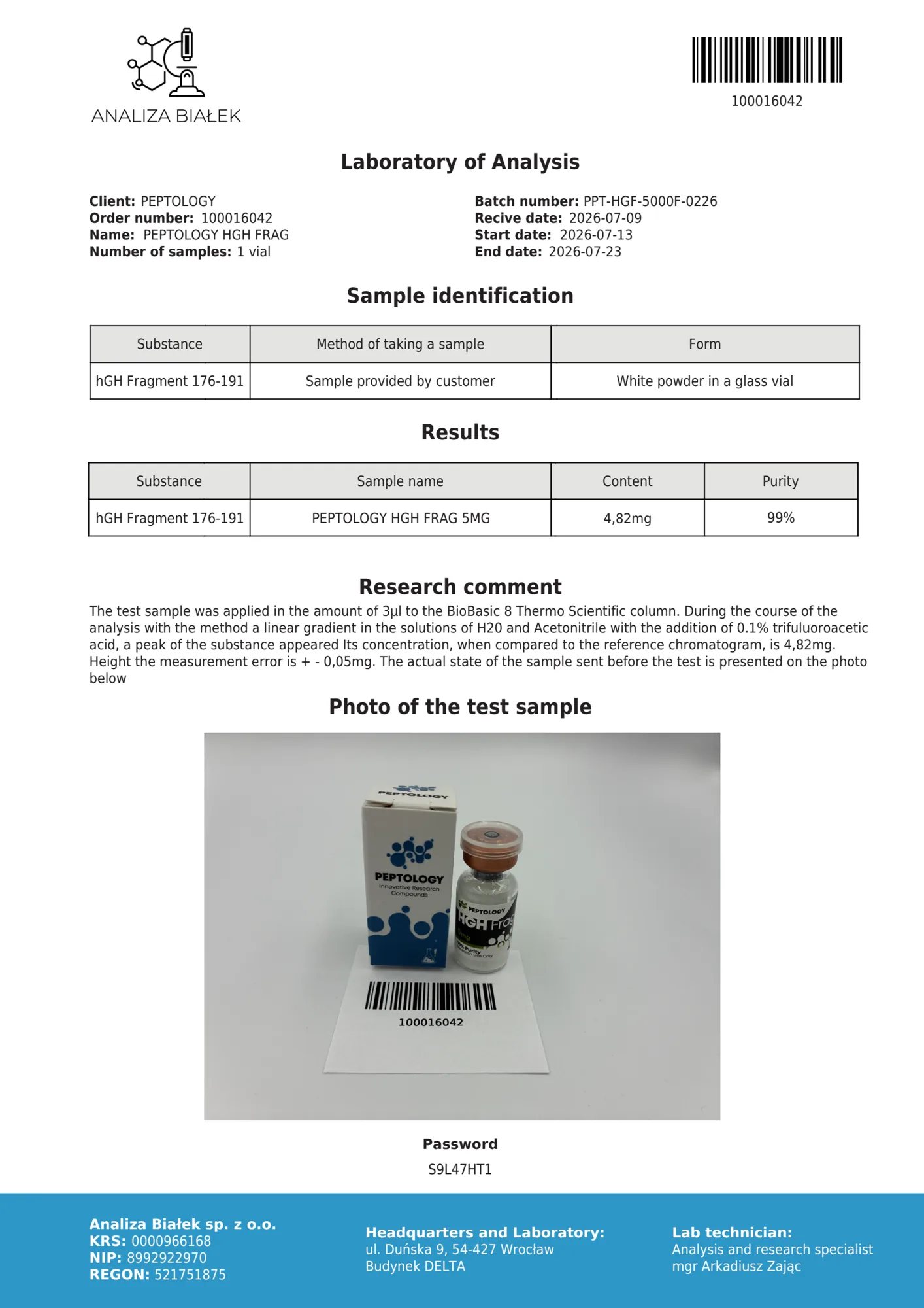 HGH Frag 5 mg – HPLC-Reinheitszertifikat, Charge 0226