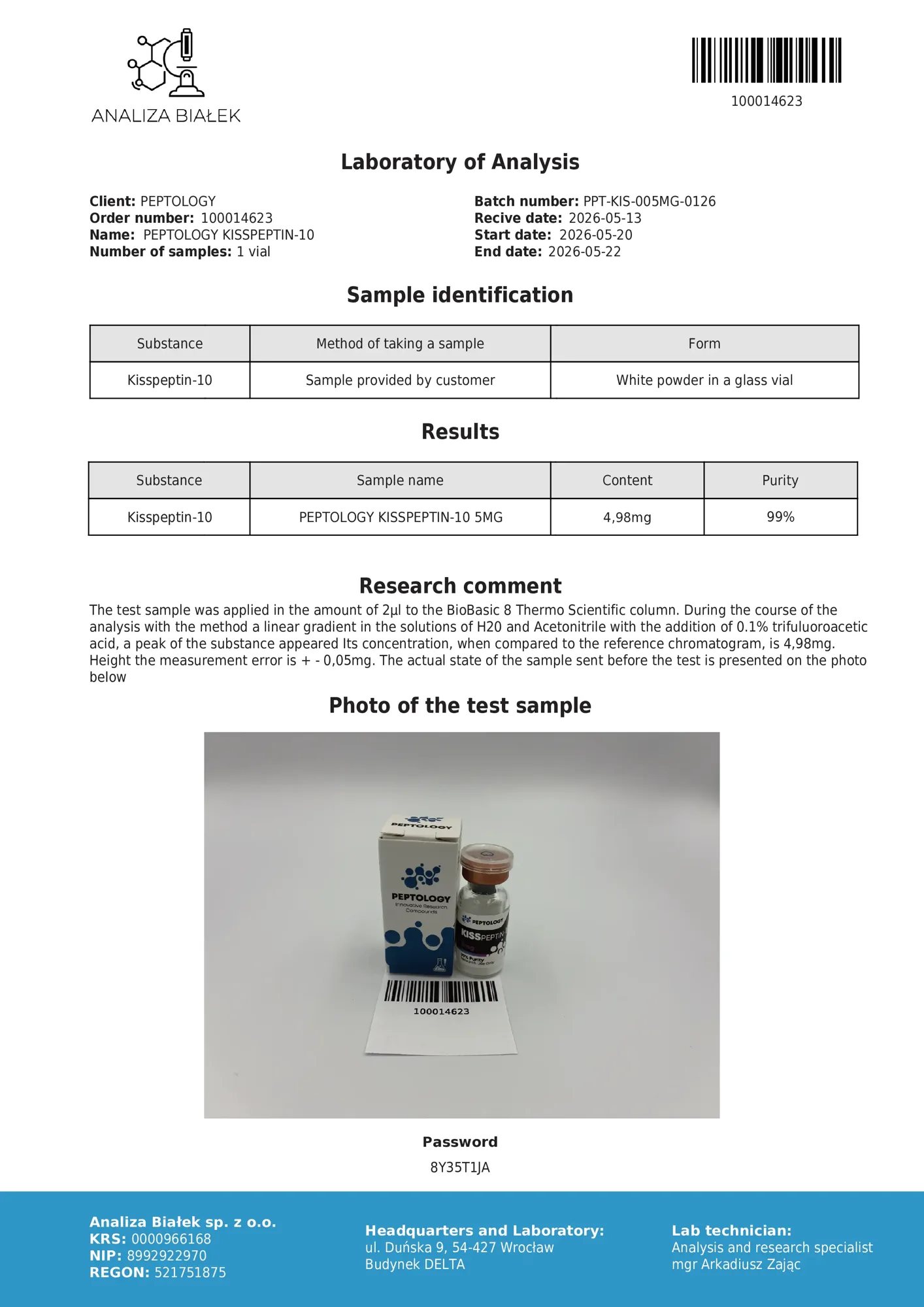 Kisspeptin-10 5 mg – HPLC-Reinheitszertifikat, Charge 0126