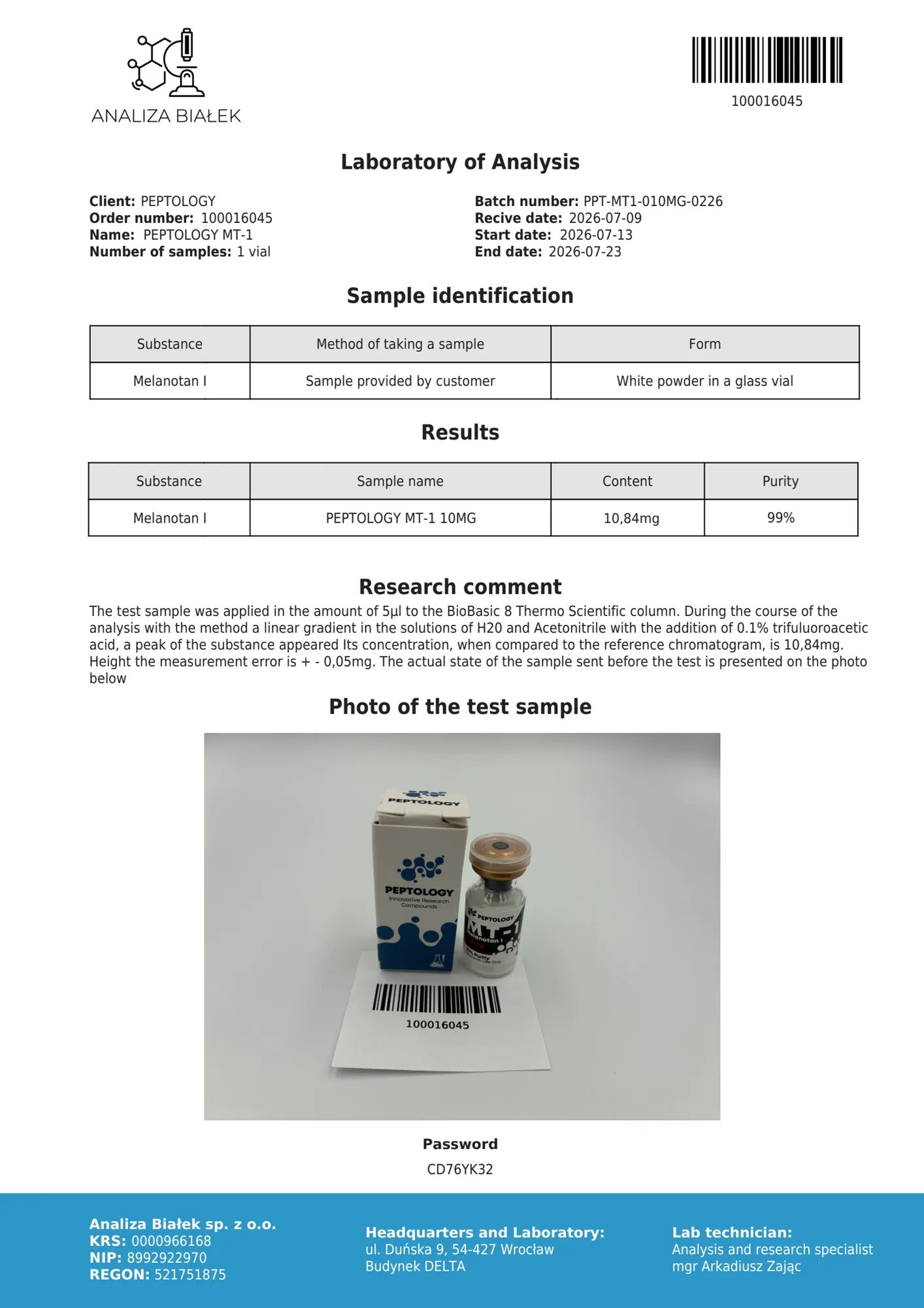 MT-1 10 mg – HPLC-Reinheitszertifikat, Charge 0226