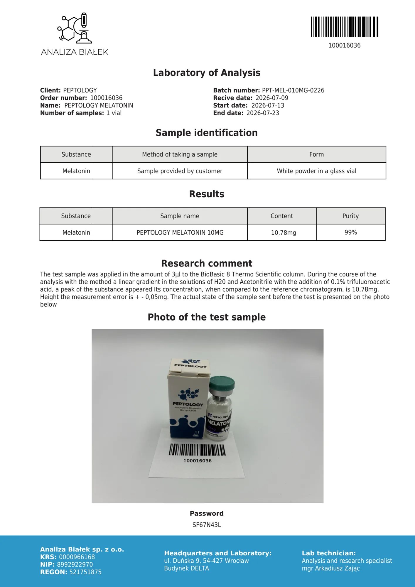 Melatonin 10 mg – HPLC-Reinheitszertifikat, Charge 0226