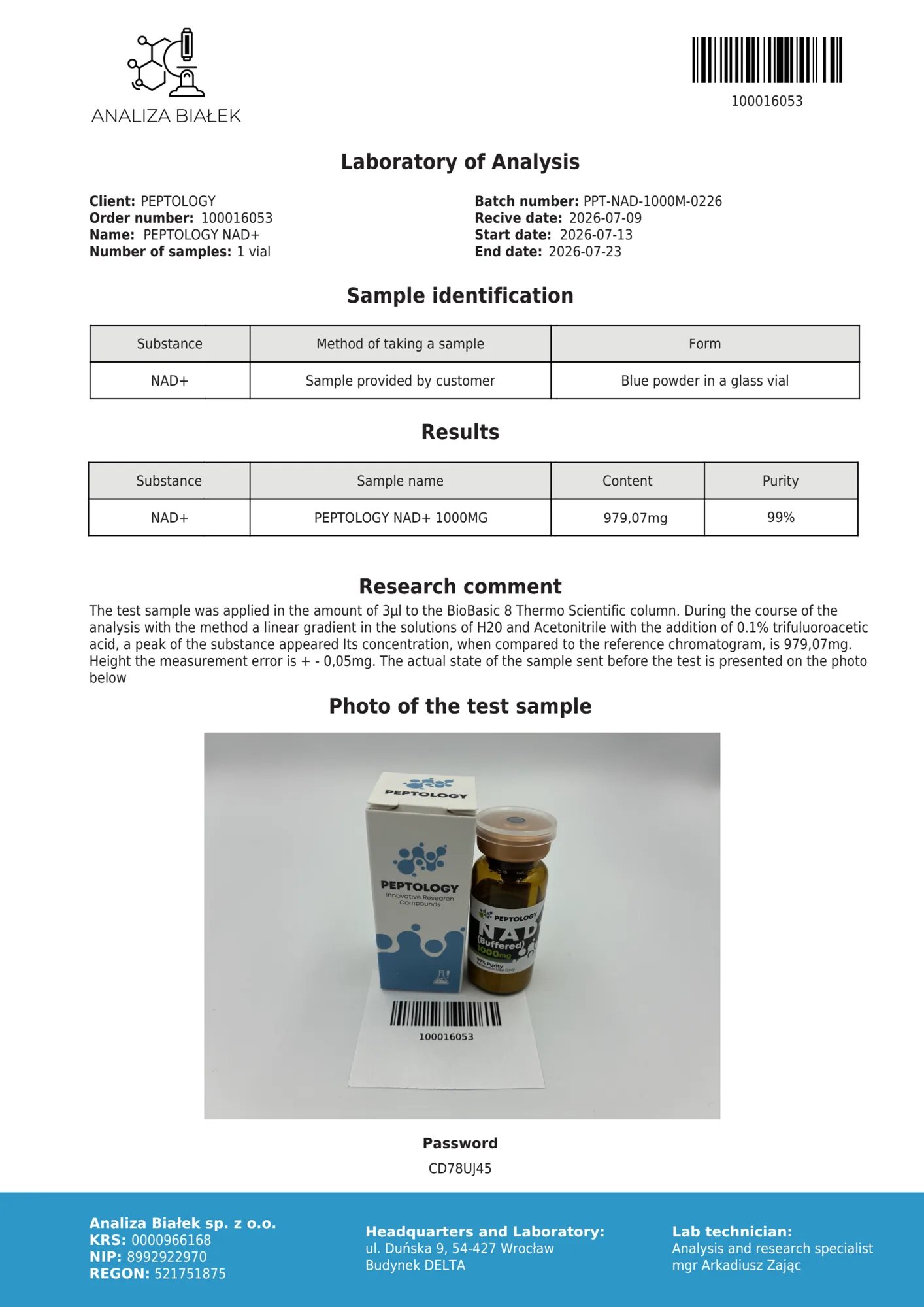 NAD+ 1000 mg – HPLC-Reinheitszertifikat, Charge 0226