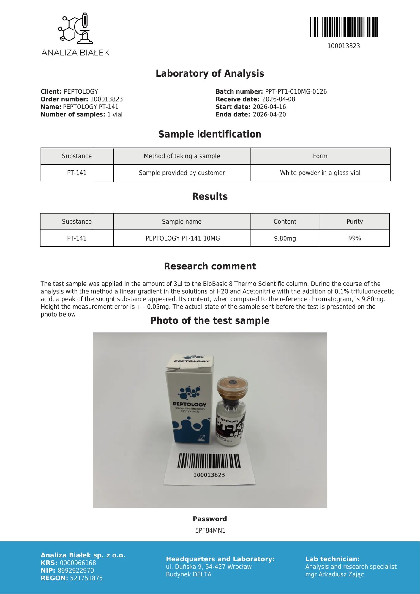 PT-141 10 mg – HPLC-Reinheitszertifikat, Charge 0126