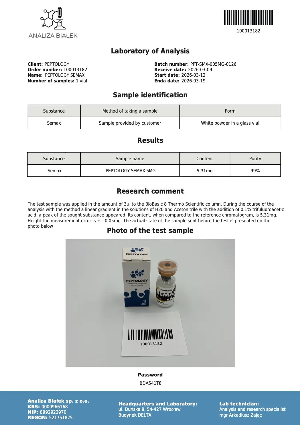 Semax 5 mg – HPLC-Reinheitszertifikat, Charge 0126
