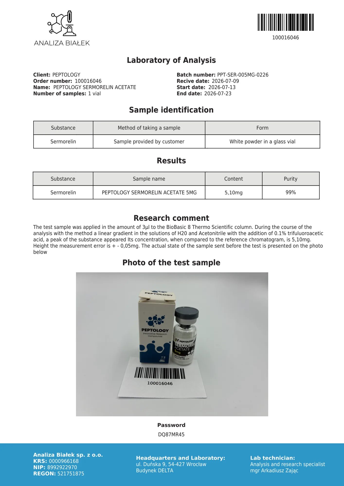 Sermorelin 5 mg – HPLC-Reinheitszertifikat, Charge 0226