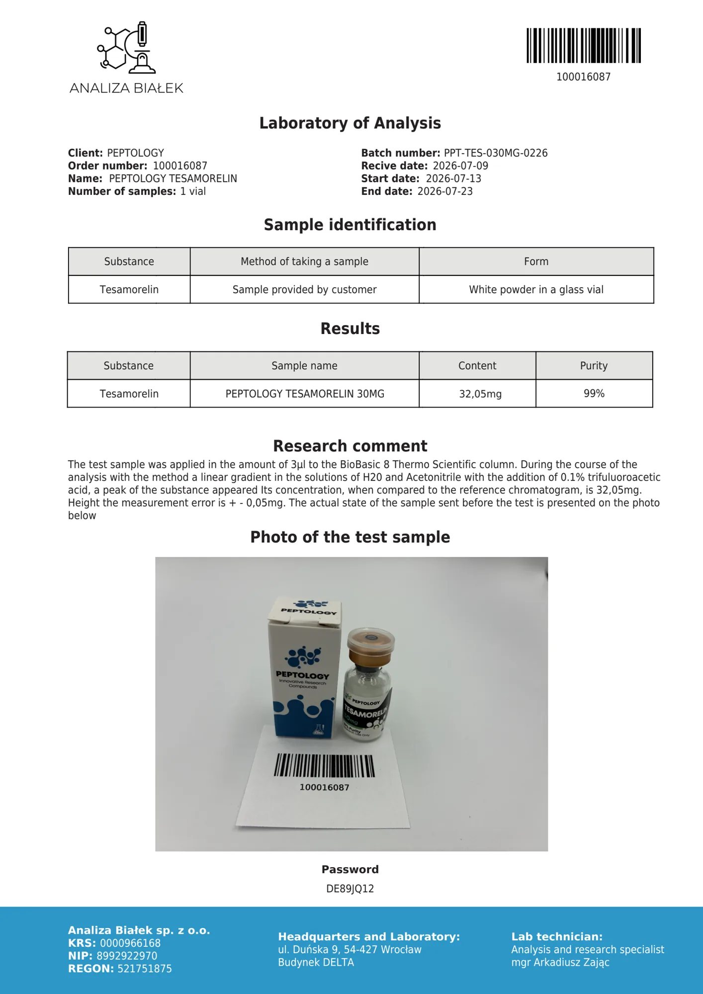 Tesamorelin 30 mg – HPLC-Reinheitszertifikat, Charge 0226
