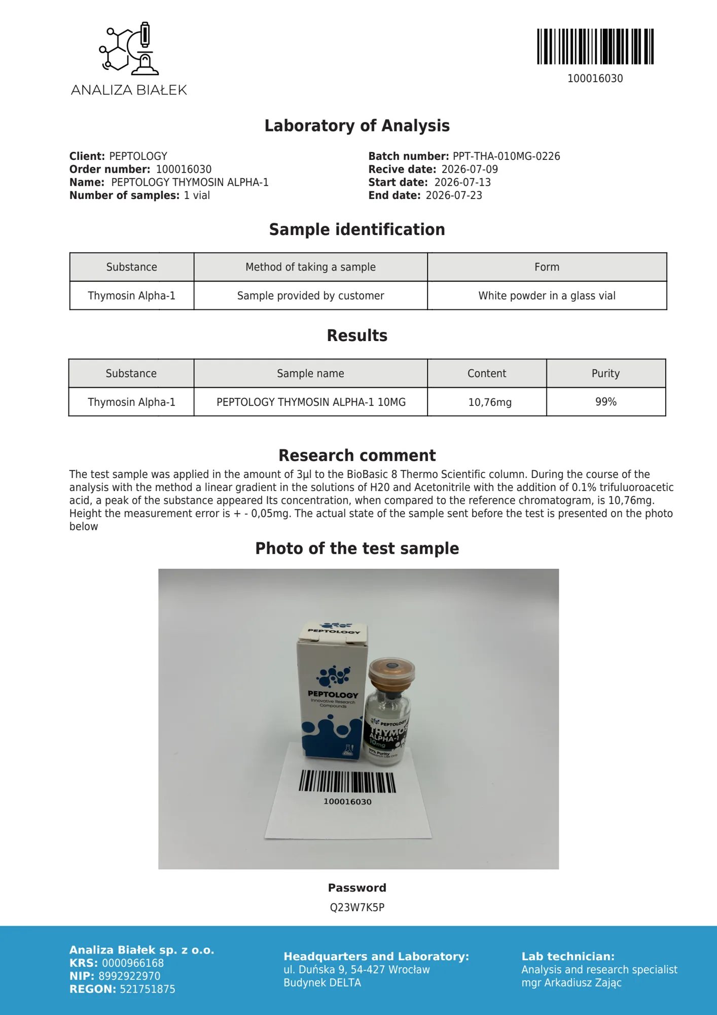 Thymosin Alpha-1 10 mg – HPLC-Reinheitszertifikat, Charge 0226