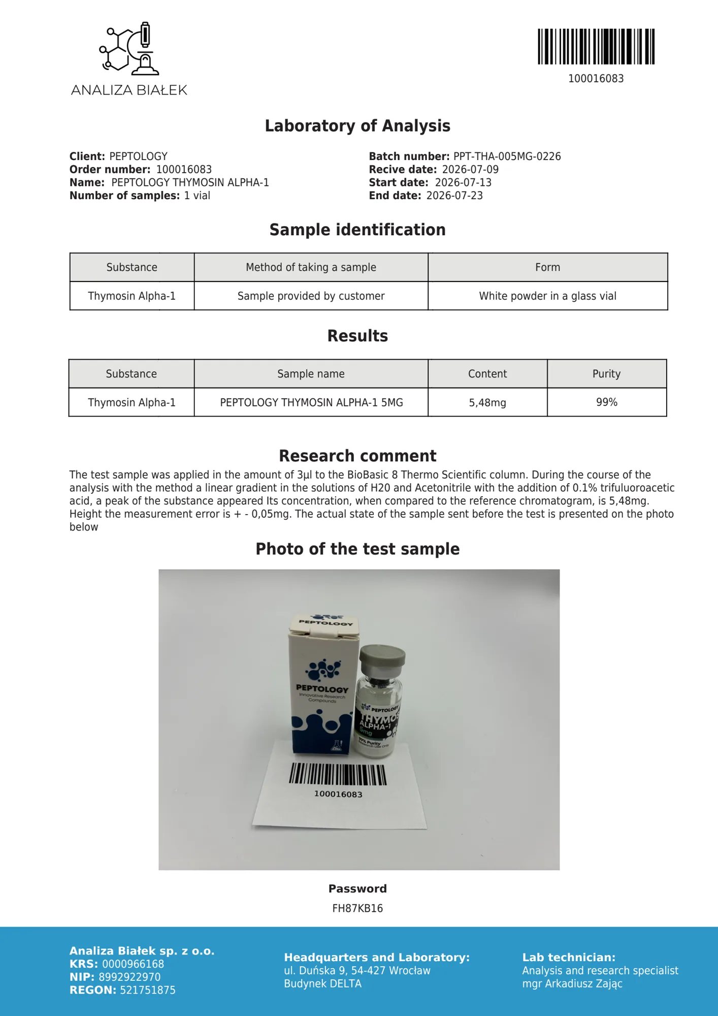 Thymosin Alpha-1 5 mg – HPLC-Reinheitszertifikat, Charge 0226