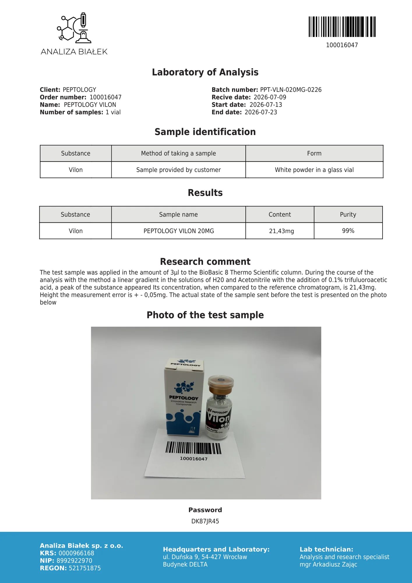 Vilon 20 mg – HPLC-Reinheitszertifikat, Charge 0226