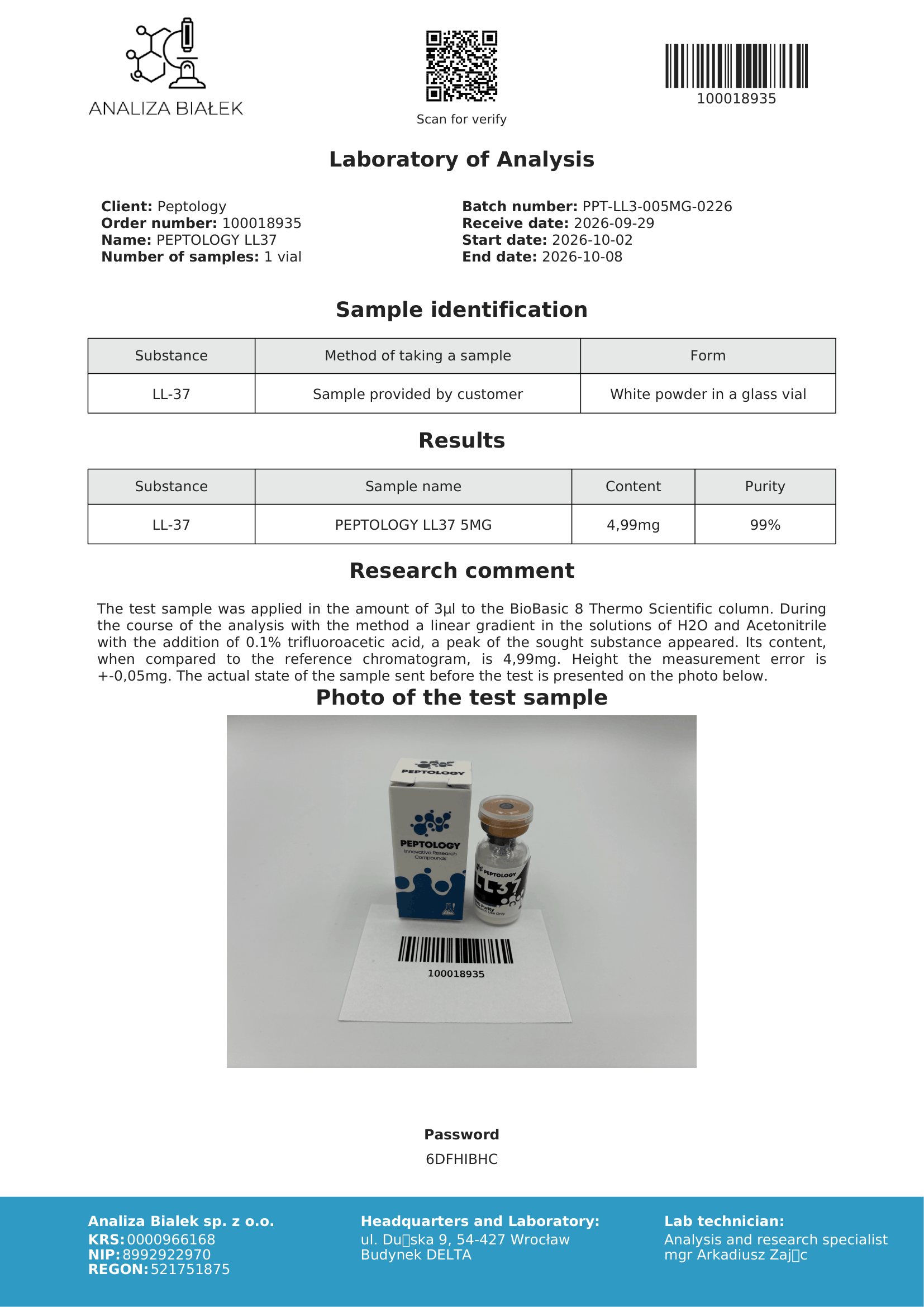 LL-37 5 mg – HPLC-Reinheitszertifikat, Charge 0226
